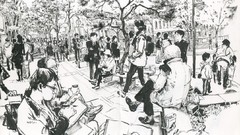 Trees black and white monochrome drawings cityscapes artwork 