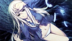 Trees blood feathers navel white hair long hair anime girls 