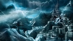 Trees blue clouds paintings Castles skies fantasy art Vitaly S 