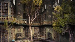 Trees Books chairs old dust abandoned Library globe imagination 