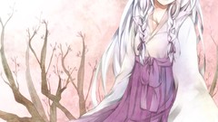 Trees branches white hair Ribbons long hair blue eyes braids 