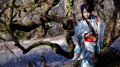 Trees branches woman Japanese Culture kimono asians yukata 