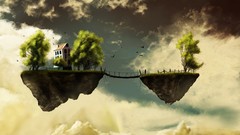 Trees Bridges skies artwork fantasy art floating islands