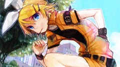 Trees buildings blondes anime girls blue eyes short hair skies 