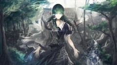 Trees buildings outdoors long hair anime girls green eyes 