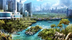 Trees buildings rivers cityscapes yatch