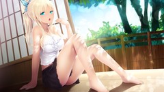 Trees Butterflies Anime blondes skirts long hair anime girls 