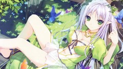 Trees Butterflies Birds dress blush anime girls green eyes gray 