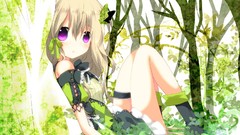 Trees Butterflies dress blondes skirts long hair anime girls 