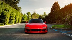Trees cars Japanese front view mazda rx-7 red cars parking lot