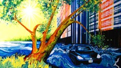 Trees cars paintings cityscapes artwork traditional art trippy 