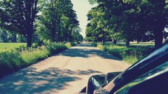 Trees cars roads Rural dirt road