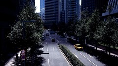 Trees cars Tokyo roads buildings shadows cities streets