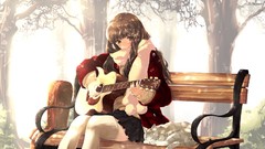 Trees cats bench guitars guitarists scarfs anime girls brown 