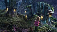 Trees children homes Bicycles fantasy art