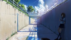 Trees clouds anime girls canal school uniforms short hair skies 