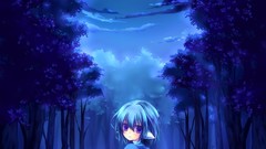 Trees clouds Anime tears blue hair anime girls blue eyes short 