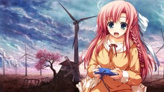 Trees clouds Anime windmills dress Ribbons buildings bows blush 