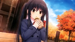 Trees clouds autumn food coat eating blush long hair anime 