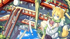 Trees clouds Bells scars sitting buildings blondes skirts anime 