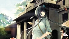 Trees clouds Cards buildings outdoors skirts long hair anime 