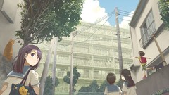 Trees clouds cats buildings anime girls brunettes school 