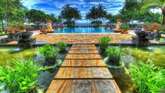 Trees clouds cityscapes swimming pools