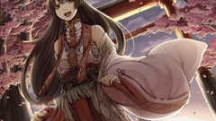 Trees clouds dress belts long hair anime girls brown eyes 