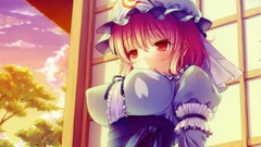 Trees clouds dress hats red eyes houses sunlight pink hair 