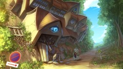 Trees clouds dress Umbrellas houses buildings blondes blue eyes 