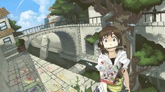 Trees clouds fish anime girls brown eyes brunettes short hair