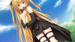 Trees clouds food dress red eyes blondes eating blush long hair 