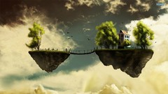Trees clouds Islands Bridges houses artwork fantasy art
