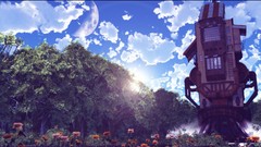 Trees clouds moon Anime houses anime girls forests flower 