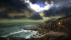 Trees clouds ocean paintings cliffs rocks Beaches waves caves