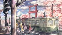 Trees clouds spring dress Umbrellas hats red dress blondes long 