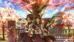 Trees clouds spring glasses houses schoolgirls buildings 