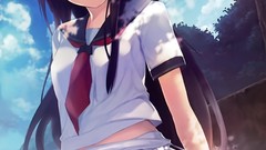 Trees clouds text schoolgirls outdoors shadows long hair anime 