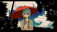 Trees clouds text Umbrellas long hair gray eyes anime girls 