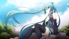 Trees clouds tie sitting skirts long hair green eyes hatsune 
