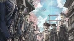 Trees clouds weapons Guns Birds Horses Army soldiers hats 