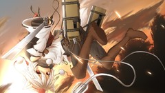 Trees clouds weapons hats white hair red eyes Swords pants 