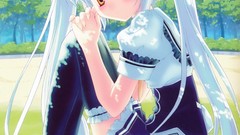 Trees clouds white hair anime girls school uniforms seifuku 