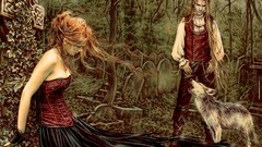 Trees dark Men woman cemetery forests artwork fantasy art