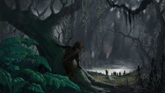 Trees dark paintings Warriors forests fantasy art