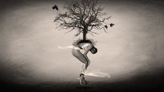 Trees dark surrealism black and white woman Birds abstract 