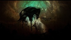 Trees dark text woman Profile hats white hair earrings closed 