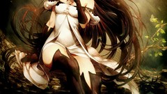 Trees dress long hair anime girls forests artwork soft shading