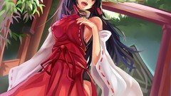Trees dress red eyes red dress Ropes outdoors long hair anime 