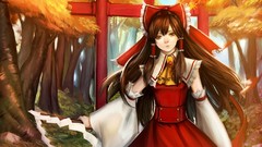 Trees dress staff red dress bows outdoors long hair anime girls 